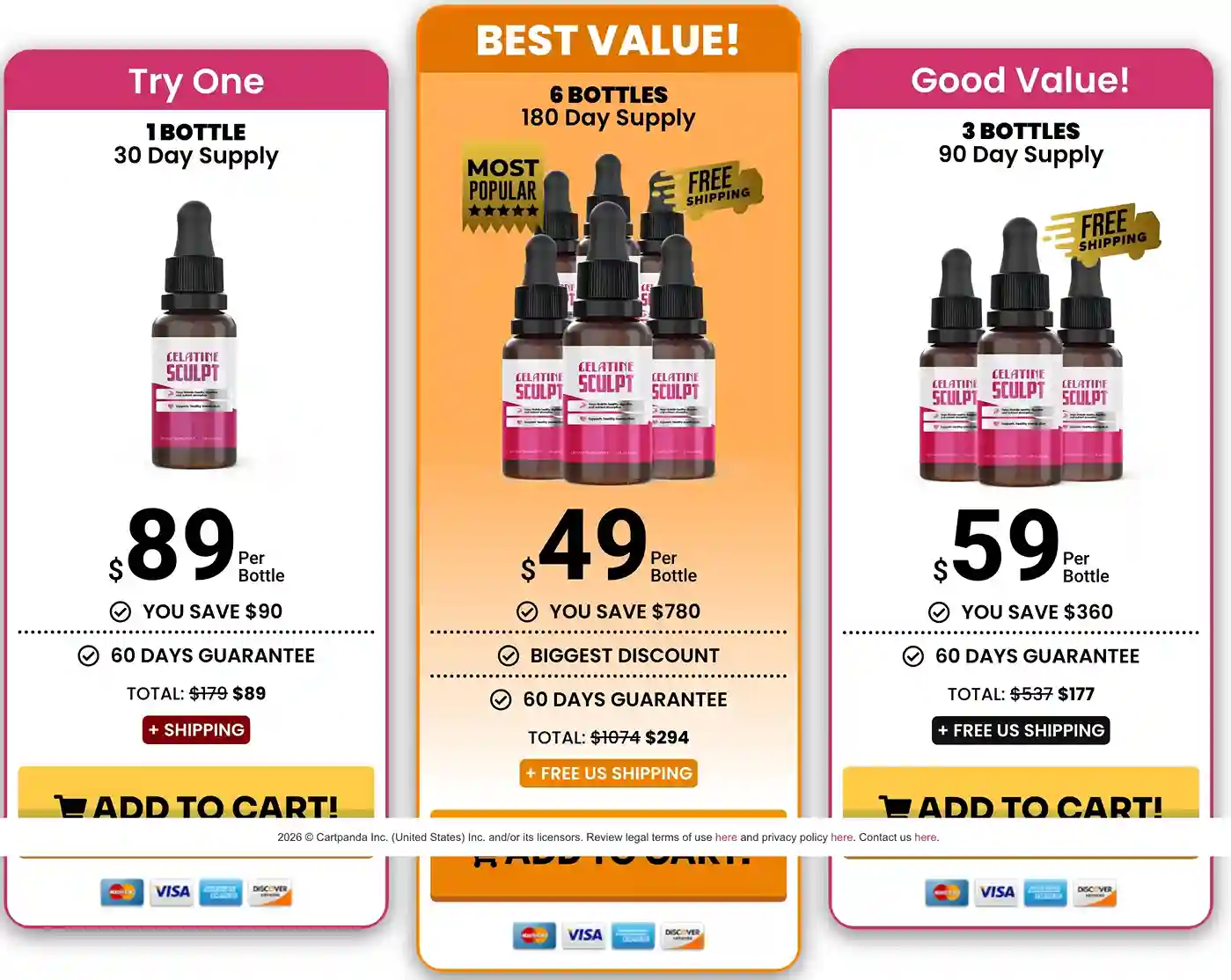 Gelatine Sculpt Pricing — 1 Bottle $89, 3 Bottles $59 each, 6 Bottles $49 each — Best Value with 6 Free Bonuses